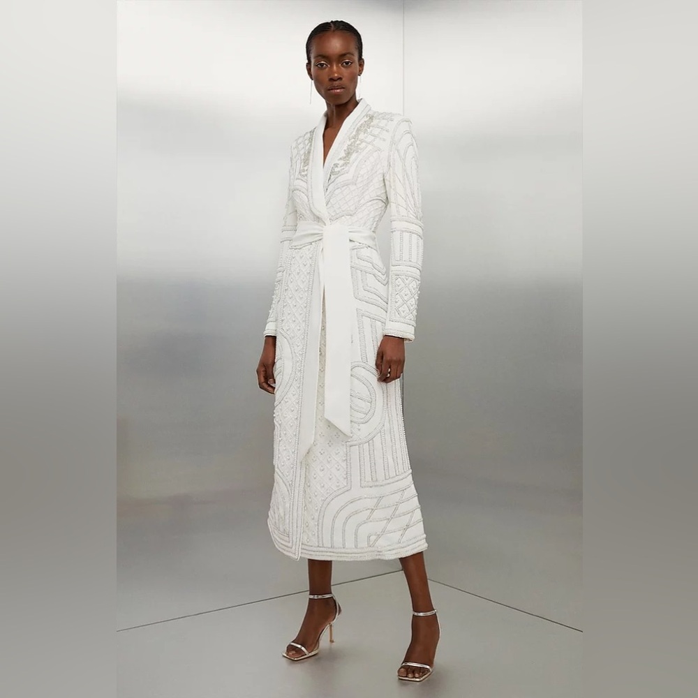 Karen Millen Pearl Embellished Woven Ivory Maxi Blazer Dress (NWT)
